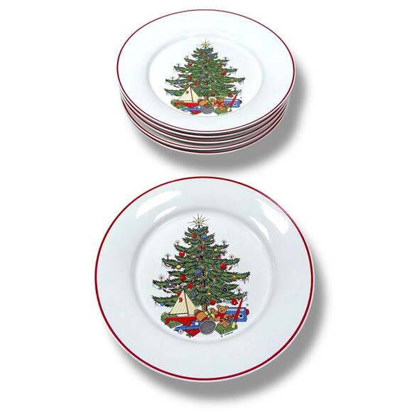 Cuthbertson American Christmas Tree Dinner Plates 10.5" White Red Trim Lot of 6 - Picture 1 of 7